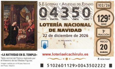 Anverso del d&eacute;cimo 04350 de la Loter&iacute;a de Navidad 2026, de Castell&oacute;n de la Plana (Castell&oacute;n)
